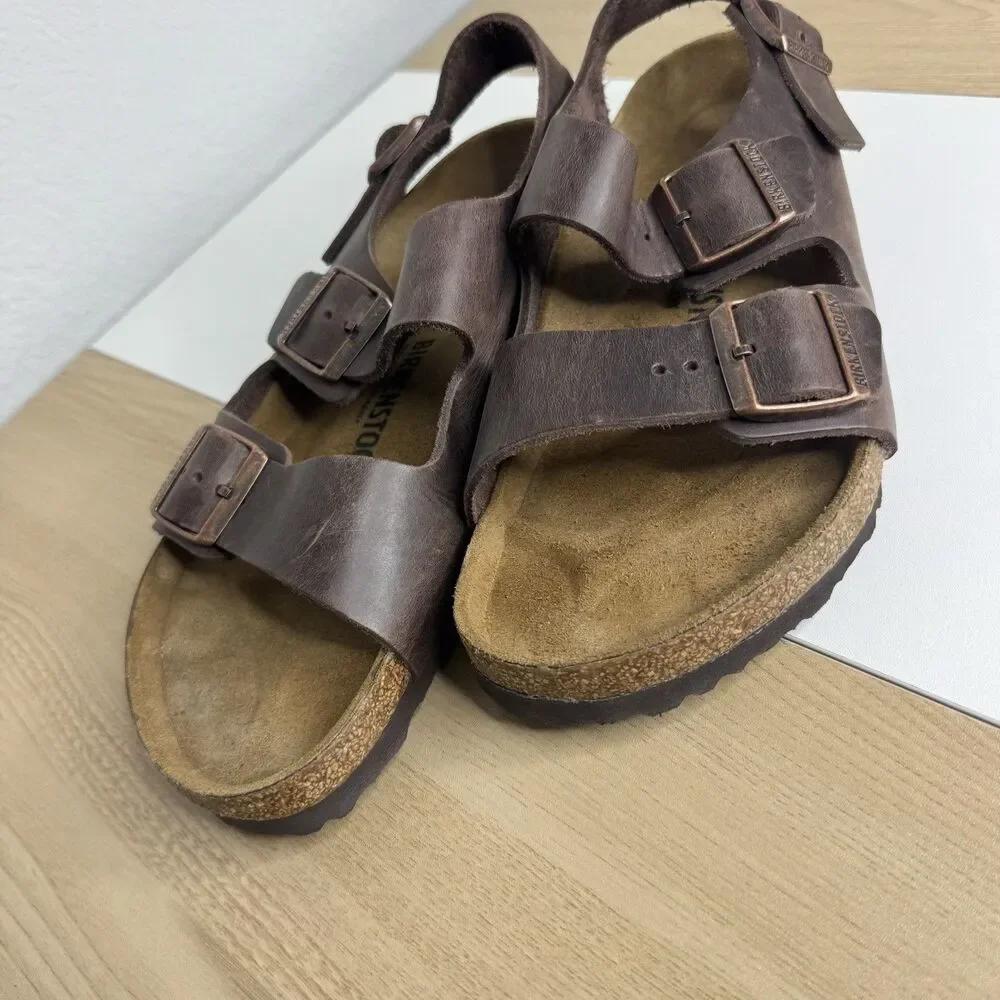 Birkenstock MILANO Men’s (42/9) Classic Sandals Brown Oiled Leather Buckles